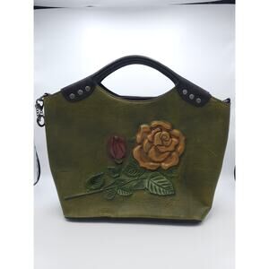 Women Genuine Leather Flower Embossed Top Handle Handbag Green